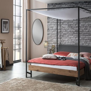 Hasena Himmelbett Gobela, Farbe: Wildeiche natur, geölt, Bezugsfarbe: Casual carbon, Metallfarbe: Anthracit, verschiedene Größen