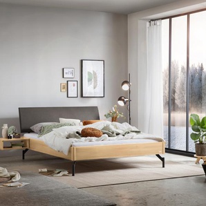 Hasena Massivholzbett, Kopfteil gepolstert Broni, Farbe: Eiche bright, geölt, Bezugsfarbe: Kul smoke, Metallfarbe: Anthracit, verschiedene Größen