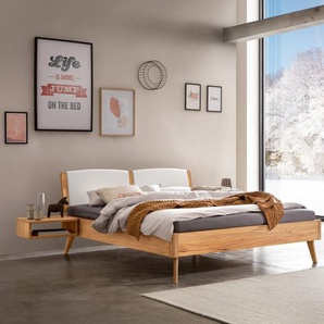 Hasena Massivholzbett, Kopfteil gepolstert Fabro, Farbe: Wildbuche natur, geölt, Bezugsfarbe: Kul white, verschiedene Größen