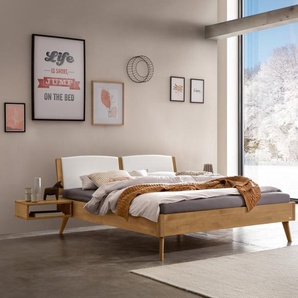 Hasena Massivholzbett, Kopfteil gepolstert Fabro, Farbe: Wildeiche natur, geölt, Bezugsfarbe: Kul white, verschiedene Größen