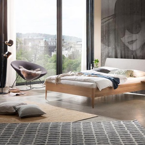 Hasena Massivholzbett, Kopfteil gepolstert Fanano, Farbe: Eiche bright, geölt, Bezugsfarbe: Pepe grey, verschiedene Größen