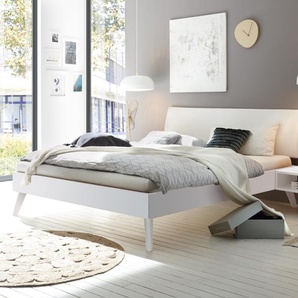 Hasena Massivholzbett, Kopfteil gepolstert Pesaro, Farbe: Buche weiss deckend, lackiert, Bezugsfarbe: Kul white, verschiedene Größen