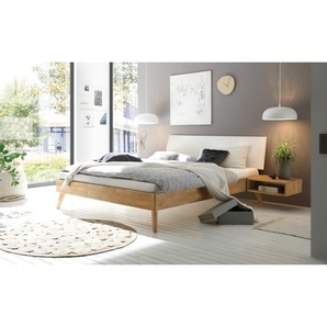 Hasena Massivholzbett, Kopfteil gepolstert Pesaro, Farbe: Eiche bianco, geölt, Bezugsfarbe: Kul white, verschiedene Größen