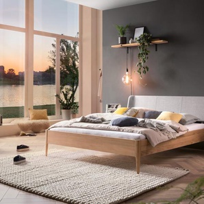 Hasena Massivholzbett, Kopfteil gepolstert Pienza, Farbe: Eiche bright, geölt, Bezugsfarbe: Pepe grey, verschiedene Größen