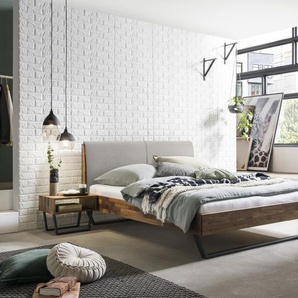 Hasena Massivholzbett, Kopfteil gepolstert Pietro, Farbe: Nussbaum, geölt, Bezugsfarbe: Pepe grey, Metallfarbe: Anthracit, verschiedene Größen