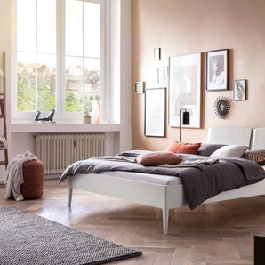 Hasena Massivholzbett, Kopfteil gepolstert Pistoia, Farbe: Buche weiss deckend, lackiert, Bezugsfarbe: Pepe grey, verschiedene Größen