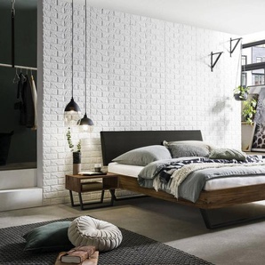 Hasena Massivholzbett, Kopfteil gepolstert Sariano, Farbe: Nussbaum, geölt, Bezugsfarbe: Kul smoke, Metallfarbe: Anthracit, verschiedene Größen