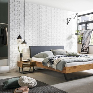 Hasena Massivholzbett, Kopfteil gepolstert Sariano, Farbe: Wildeiche natur, geölt, Bezugsfarbe: Kul black, Metallfarbe: Anthracit, verschiedene Größen