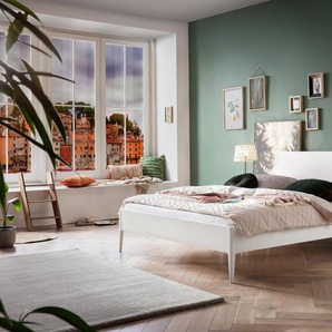 Hasena Massivholzbett, Kopfteil gepolstert Sestola, Farbe: Buche weiss deckend, lackiert, Bezugsfarbe: Kul white, verschiedene Größen