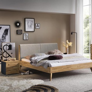 Hasena Massivholzbett, Kopfteil gepolstert Simone, Farbe: Kernbuche natur, geölt, Bezugsfarbe: Pepe grey, verschiedene Größen