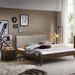 Hasena Massivholzbett, Kopfteil gepolstert Simone, Farbe: Nussbaum, geölt, Bezugsfarbe: Pepe grey, verschiedene Größen