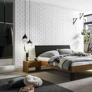 Hasena Massivholzbett, Kopfteil gepolstert Sondrio, Farbe: Wildeiche natur, geölt, Bezugsfarbe: Kul smoke, Metallfarbe: Anthracit, verschiedene Größen