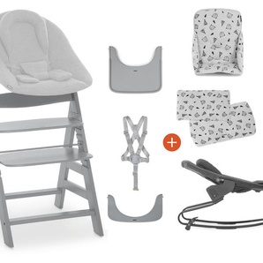 Hauck Hochstuhl Alpha+B All inclusive Set, grey, Motiv nordic grey, inkl. Essbrett, Babywippe, Sitzverkleinerer, Hochstuhlauflage