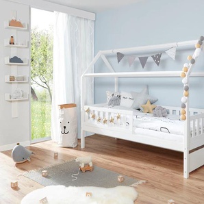 Hausbett TICAA Traumhaus Betten Gr. Liegefläche B/L: 90 cm x 200 cm Höhe: 169 cm, kein Härtegrad, ohne Matratze, weiß (kiefer massiv weiß) Baby Spielbetten