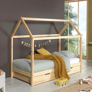Hausbett VIPACK Dallas Betten Gr. mit Bettschublade auf Rollen, Liegefläche 90 x 200 cm, beige (kiefer massiv natur) Baby Spielbetten