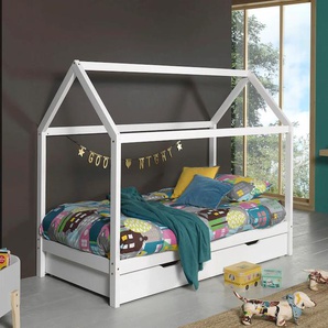 Hausbett VIPACK Dallas Betten Gr. mit Bettschublade auf Rollen, Liegefläche 90 x 200 cm, weiß (kiefer massiv lackiert) Baby Spielbetten