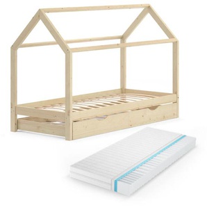 Hausbett Wiki, Braun, 90x200 cm mit Gästebett und Matratze, Vitalispa