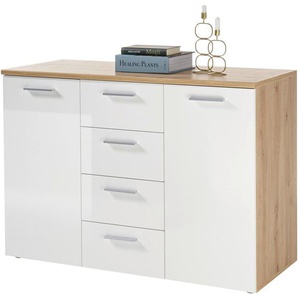 HBZ Kommode Pablo weiß Glanz, BxHxT 120x85x50 cm, Kommode mit 2 Türen, 4 Schubkästen, 2 Einlegeböden verstellbar