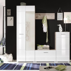 HBZ Kompaktgarderobe SIXX Weiß Hochglanz, Flurgarderobe mit Spiegel, BxHxT 195x195x36 cm (1-St) Mit Hochschrank mit Spiegel, Bank, Paneel und Kommode