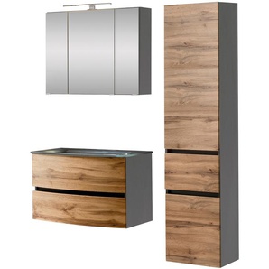 Badezimmer-Set HELD MÖBEL Kaunas Kastenmöbel-Sets Gr. B/H/T: 120 cm x 200 cm x 49 cm, grau (wotaneiche, grau) Badmöbelserien bestehend aus Waschtisch-Set mit Seitenschrank, Breite 120 cm