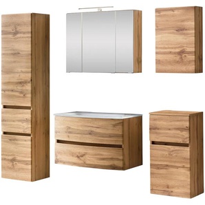 Badezimmer-Set HELD MÖBEL Kaunas Kastenmöbel-Sets Gr. B/H/T: 160 cm x 200 cm x 49 cm, braun (wotaneiche) Badmöbelserien bestehend aus Waschtisch-Set mit Seitenschrank, Breite 160 cm