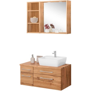 Badmöbel-Set HELD MÖBEL Davos Kastenmöbel-Sets Gr. Becken rechts, braun (eichefarben) Badmöbelserien mit 2 Touch-LED-Einbauleuchten