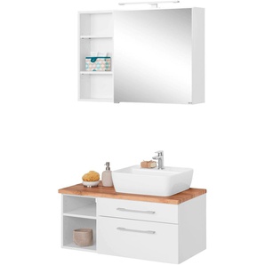 Badmöbel-Set HELD MÖBEL Davos Kastenmöbel-Sets Gr. Becken rechts, weiß Badmöbelserien Spiegelschrank, Regal und Waschtisch