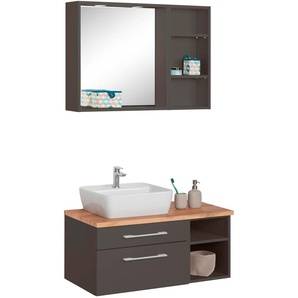 Badmöbel-Set HELD MÖBEL Davos Kastenmöbel-Sets Gr. Becken links, grau (grafit, grau) Badmöbelserien Waschplatz mit Regal und Spiegel