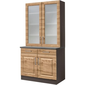 Küchenbuffet HELD MÖBEL Stockholm, Breite 100 cm Schränke Gr. B/H/T: 100 cm x 200 cm x 60 cm, 4 St., grau (wotaneiche, grafit) Anrichten Buffets Schränke hochwertige MDF-Fronten, 2 Glasrahmentüren, 200 cm hoch, viel Stauraum