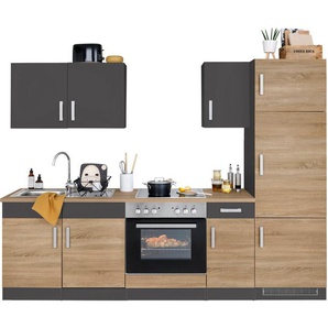 Küchenzeile HELD MÖBEL Gera Komplettküchen-Sets Gr. B/T: 270 cm x 60 cm, grau (küche: eiche, anthrazit,, korpus: grafit, arbeitsplatte: eichefarben) Küchenzeilen ohne Elektrogeräte E-Geräte, Breite 270 cm