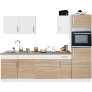 Küchenzeile HELD MÖBEL Gera Komplettküchen-Sets Gr. B/T: 270 cm x 60 cm, weiß (küche: eiche, weiß,, korpus: weiß, arbeitsplatte: eichefarben) Küchenzeilen ohne Elektrogeräte E-Geräte, Breite 270 cm