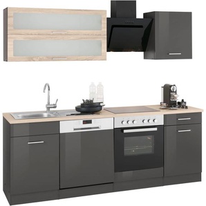 Küchenzeile HELD MÖBEL Utah Komplettküchen-Sets Gr. B/T: 220 cm x 60 cm, grau (küche: hochglanz,, korpus: graphit, arbeitsplatte: eiche sonoma) Küchenzeilen ohne Elektrogeräte E-Geräte, Breite 220 cm