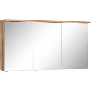 Spiegelschrank HELD MÖBEL Ravenna Schränke Gr. B/H/T: 120 cm x 66 cm x 20 cm, Front mit Spiegel aus ESG-Sicherheitsglas beklebt, 3 St., braun (eichefarben) Bad-Spiegelschränke Breite 120 cm, mit LED Beleuchtung