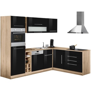 Winkelküche HELD MÖBEL Eton Komplettküchen-Sets Gr. B/T: 260 cm x 190 cm, schwarz (küche: hochglanz, eichfarben) L-Küche ohne Elektrogeräte