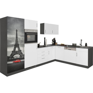 Winkelküche HELD MÖBEL Paris Komplettküchen-Sets Gr. B/T: 290 cm x 220 cm, weiß (weiß, grafit) L-Küche ohne Elektrogeräte Arbeitsmöbel-Sets E-Geräte, Stellbreite 290220 cm