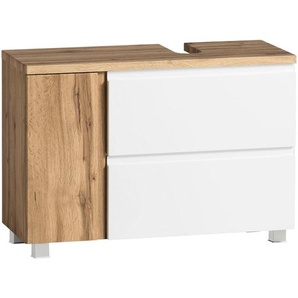 Held Waschbeckenunterschrank, Weiß, Eiche Wotan, Holzwerkstoff, 1 Fächer, 1 Schubladen, 85x56x35 cm, Made in Germany, stehend, hängend, Badezimmer,