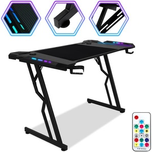 Hengda Gaming Schreibtisch Carbon Tischplatte 120x60cm, met Getränkehalter Kopfhörerhalter Mauspad, Computertisch Gamer Tisch (met LED und Fernbedienun) RL-HG9787-1-HDa