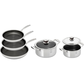 HENSSLERS Pfannen-Set, Edelstahl (Set, 7-tlg., je 1 Pfanne Ø 20/24/28 cm, je 1 Kochtopf Ø 20/24 cm), 3-Schicht Material, Wabenstruktur und Antihaftbeschichtung, Induktion