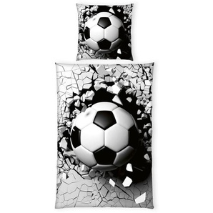 Herding Jugendbettwäsche, Schwarz, Weiß, Textil, Fußball, 135x200 cm, Oeko-Tex® Standard 100, pflegeleicht, hautfreundlich, schadstoffgeprüft,