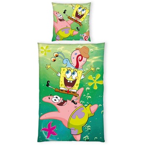 Herding Jugendbettwäsche Spongebob, Gelb, Grün, Rosa, Textil, Kinder, 135x200 cm, Oeko-Tex® Standard 100, pflegeleicht, Schlaftextilien, Bettwäsche,
