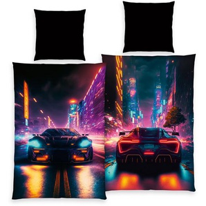 Herding „NEON CAR" - Bettwäsche mit Wendemotiv, 100% Polyester, 135 x 200 cm + 80 x 80 cm