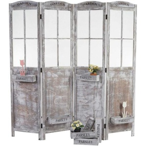 HHG - neuwertig] Paravent 599, Raumteiler Trennwand Sichtschutz, Pflanzkörbe 4 Paneele, Shabby-Look 170x180x22cm, braun-grau