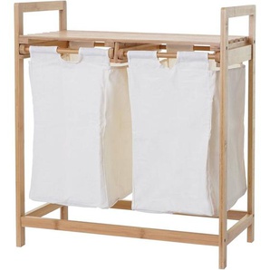 HHG - neuwertig] Wäschesammler 731, Laundry Wäschesortierer Wäschekorb Wäschebehälter, Bambus 2 Fächer 74x64x33cm 70l weiß