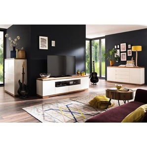 Highboard Chiaro, Weiß, Eiche, Holzwerkstoff, Asteiche, Eiche, massiv, 4 Fächer, 2 Schubladen, 102x115x40 cm, Typenauswahl, Beimöbel erhältlich,