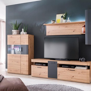 Highboard Farum 90 x 130 cm Eiche Optik Glasvitrine 3 Türen, Vitrinen