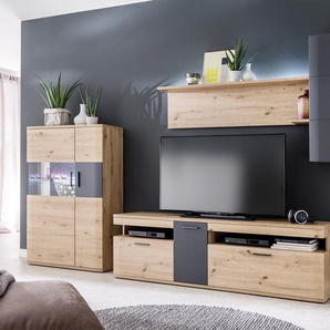 Highboard Farum 90 x 130 cm Eiche Optik Glasvitrine 3 Türen, Vitrinen