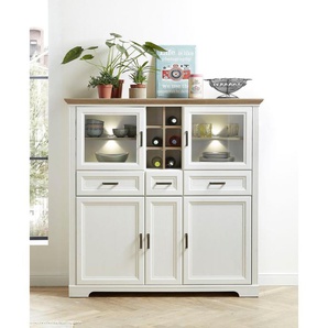 Highboard INNOSTYLE Jasmin, weiß (piniefarben, weiß, eichefarben), Holzwerkstoff piniefarben-weiß (Korpus)/MDF piniefarben-weiß (Front)/MDF eichefarben (Absetzung), Holzwerkstoff, MDF, Sideboards, 2 Glas-/Holztüren, 8 offene Fächer, inkl. LED-Beleuchtung,