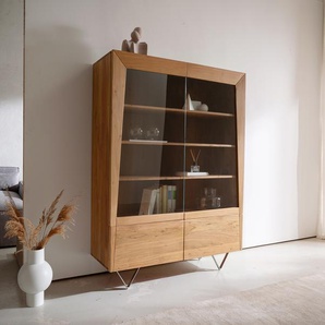 Highboard Kayu 115x150 cm Akazie Natur 4 Türen V-Fuß, Vitrinen