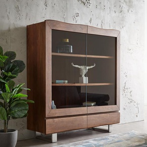 Vitrine Live-Edge 140x150 cm Akazie Braun Baumkante 2 Türen 2 Schubladen Massiv, Vitrinen, Baumkantenmöbel, Massivholzmöbel, Massivholz