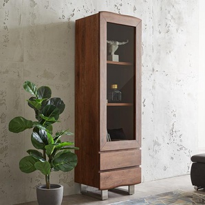Vitrine Live-Edge 60x190 cm Akazie Braun Baumkante  1 Tür 2 Schubladen Massiv, Vitrinen, Baumkantenmöbel, Massivholzmöbel, Massivholz